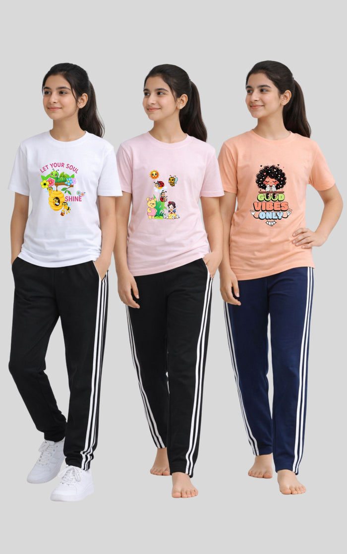 Girls Graphic Shirt & Side Stripe Trouser (Three Night Pair ) - Hinz Clothing