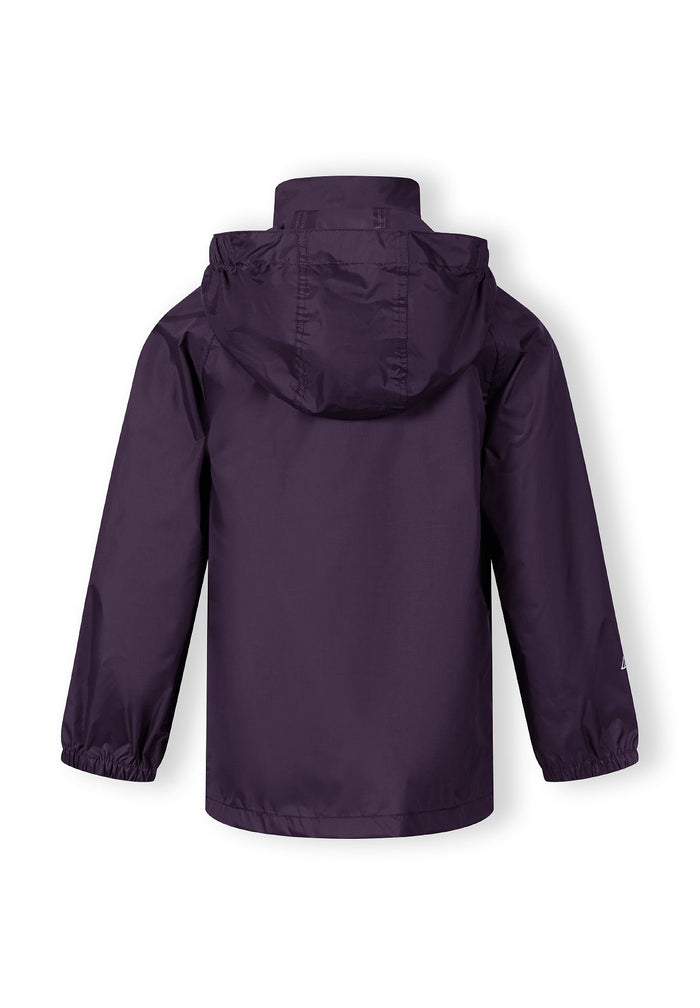 Kids packaway waterproof jacket in purple, back view with attached hood and elasticated cuffs.