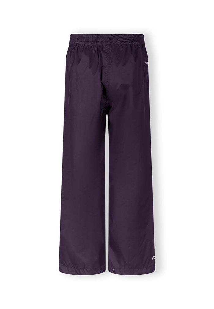 Back view of purple waterproof overpants for children, featuring elasticated waist and ankle cuffs.