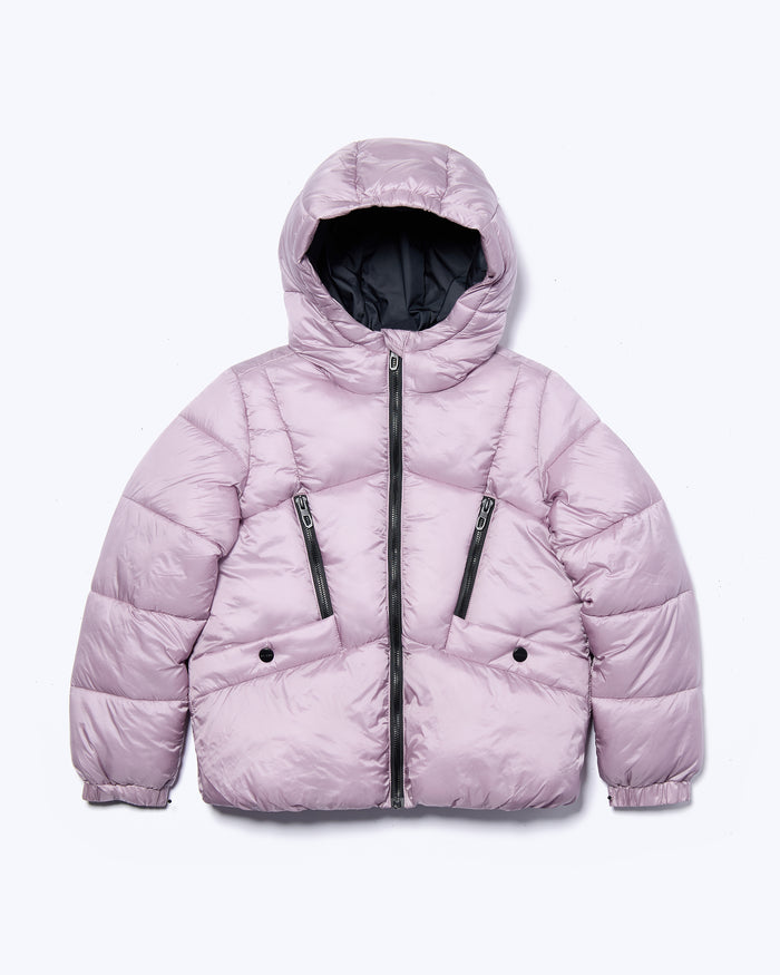 Pink puffer jacket with a hood on a white background