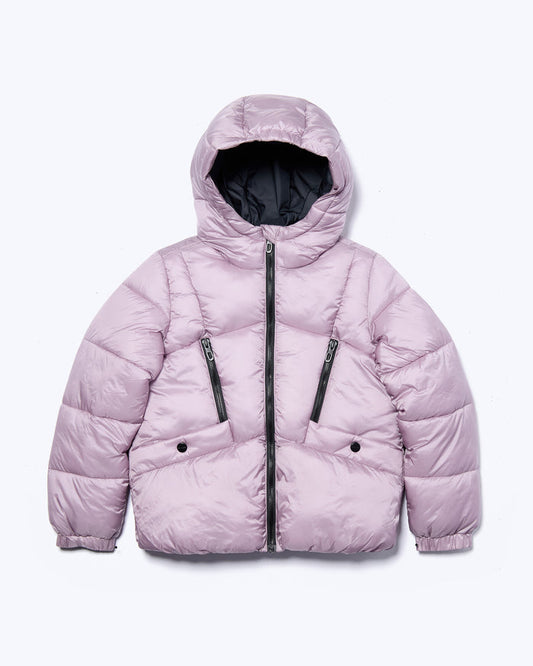 Pink puffer jacket with a hood on a white background
