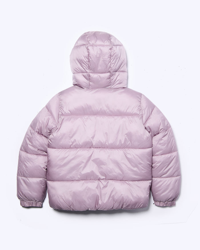 Light purple puffer jacket on a light gray background