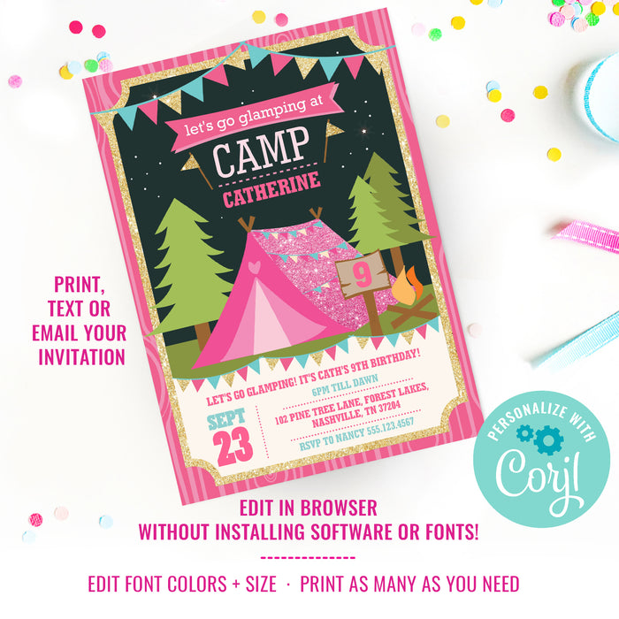Glamping Party Invitation for a Girl | Summer Campout Invite