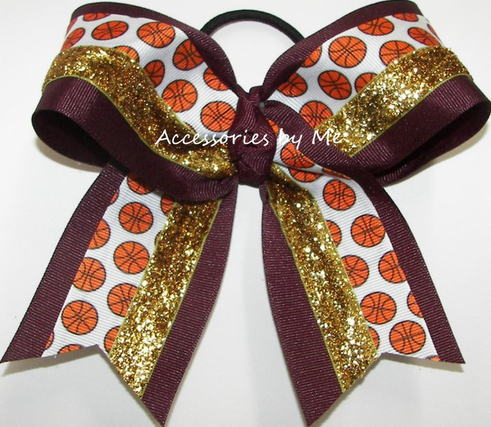 Basketball Maroon Gold Glitter Hair Bow