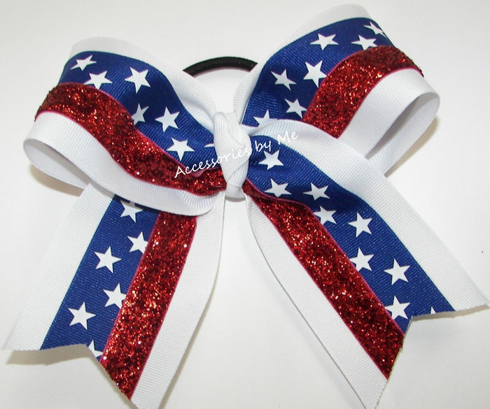 Glitter Patriotic Red White Blue Cheer Bow