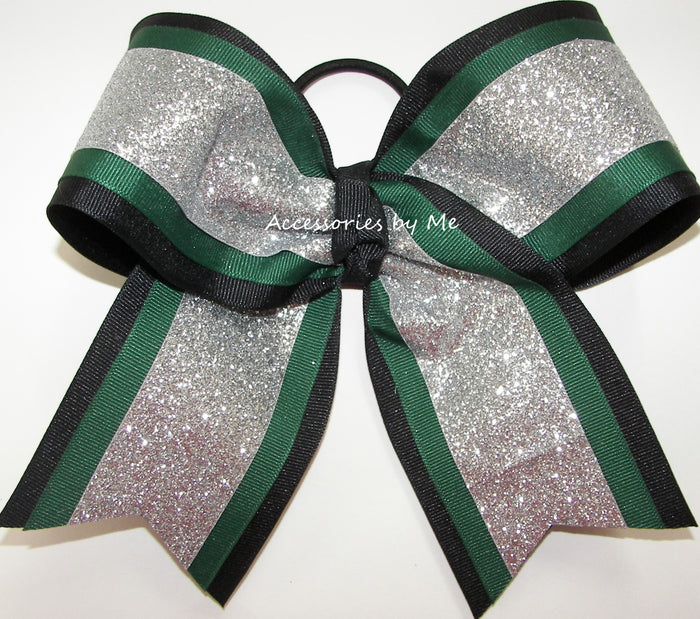 Glitter Silver Forest Green Black Cheer Bow
