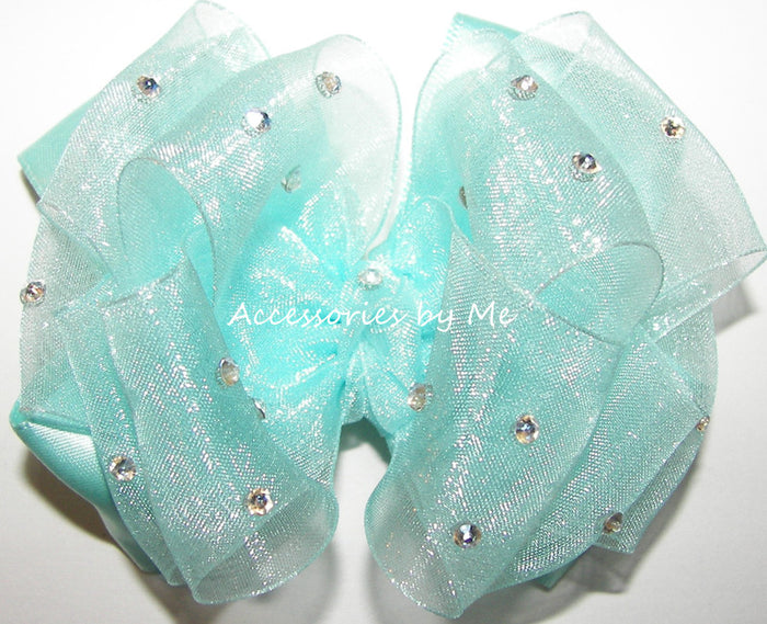 Glitzy Aqua Organza Satin AB Rhinestones Hair Bow
