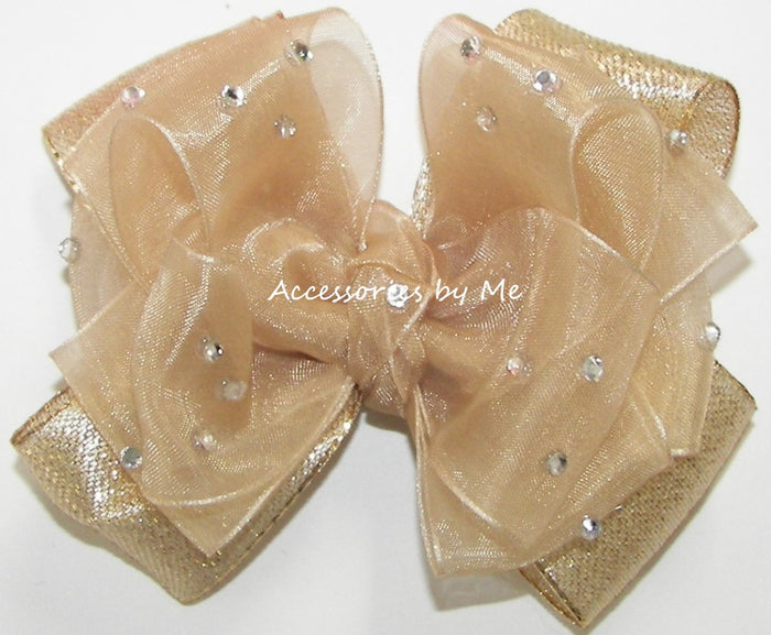 Glitzy Champagne Gold Organza Satin Hair Bow