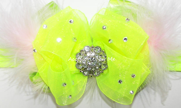 Neon green hair bow with rhinestones Bow attached to a skinny headband