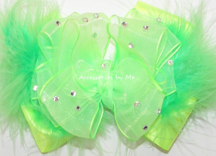 Glitzy Neon Lime Organza Satin Marabou Hair Bow