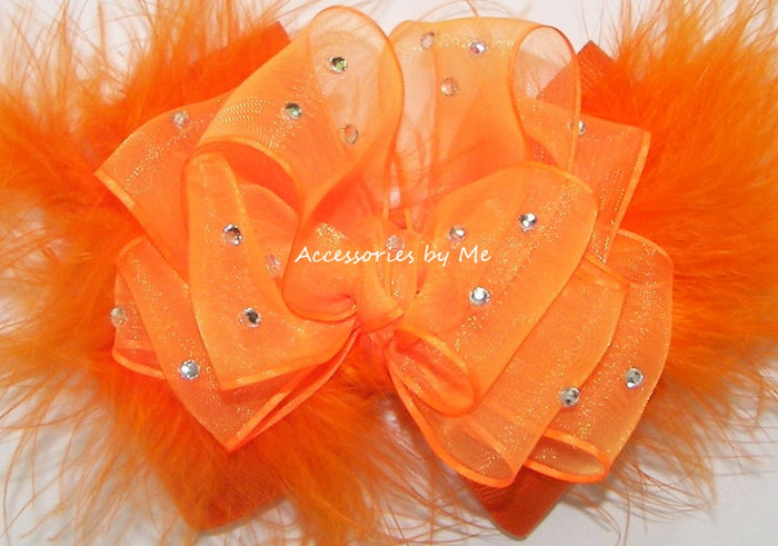 Glitzy Neon Orange Organza Grosgrain Marabou Hair Bow