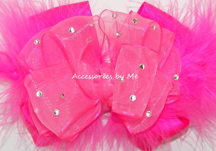 Glitzy Neon Pink Organza Satin Marabou Feathers Hair Bow