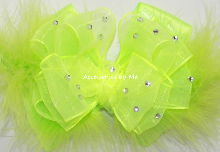 Glitzy Neon Yellow Organza Marabou Hair Bow
