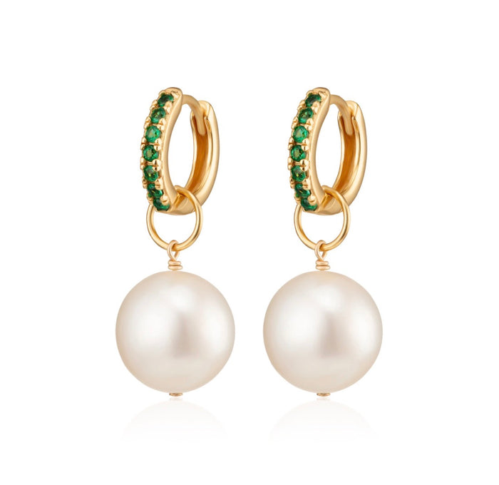Gold Emerald Green & Baroque Pearl Charm Hoop Earrings