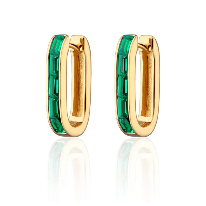 Gold Oval Baguette Hoop Earrings with Green Stones