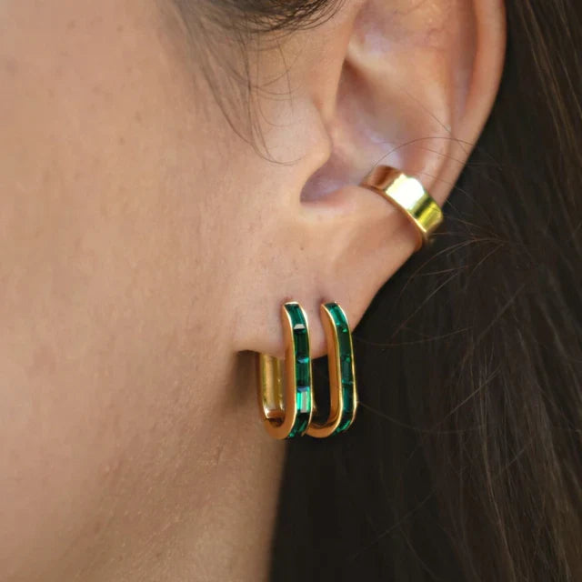 Gold Oval Baguette Hoop Earrings with Green Stones