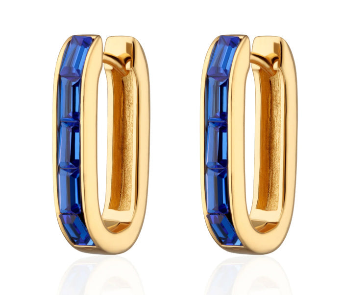 Gold Oval Baguette Hoop Earrings with Green Stones