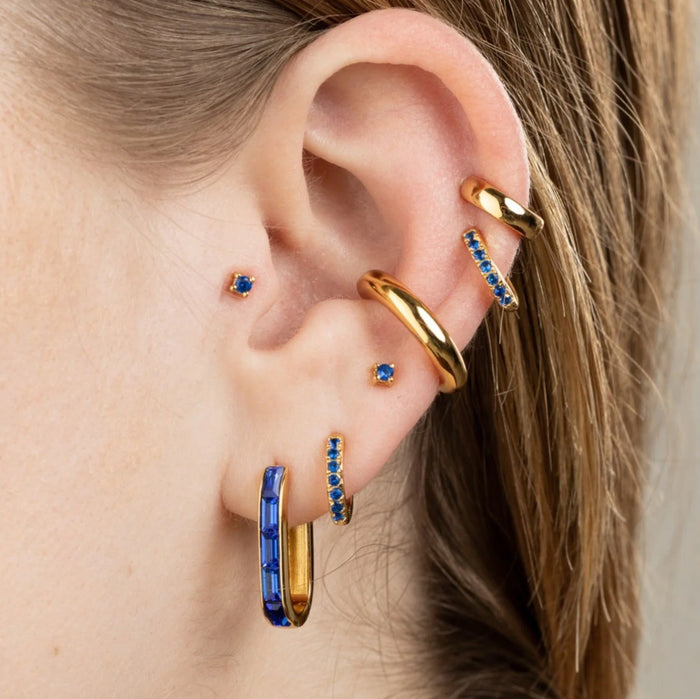 Gold Oval Baguette Hoop Earrings with Green Stones