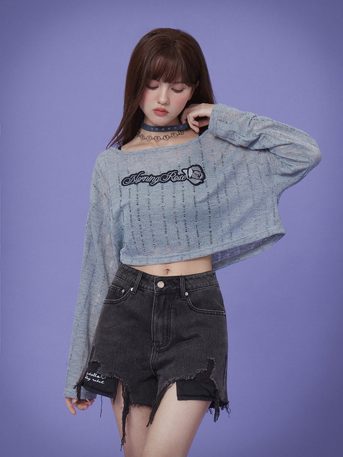 Gray-Blue Hollow-Out Knitted Cover-Up Summer Top