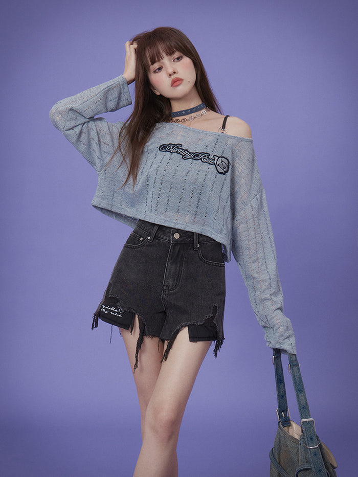 Gray-Blue Hollow-Out Knitted Cover-Up Summer Top