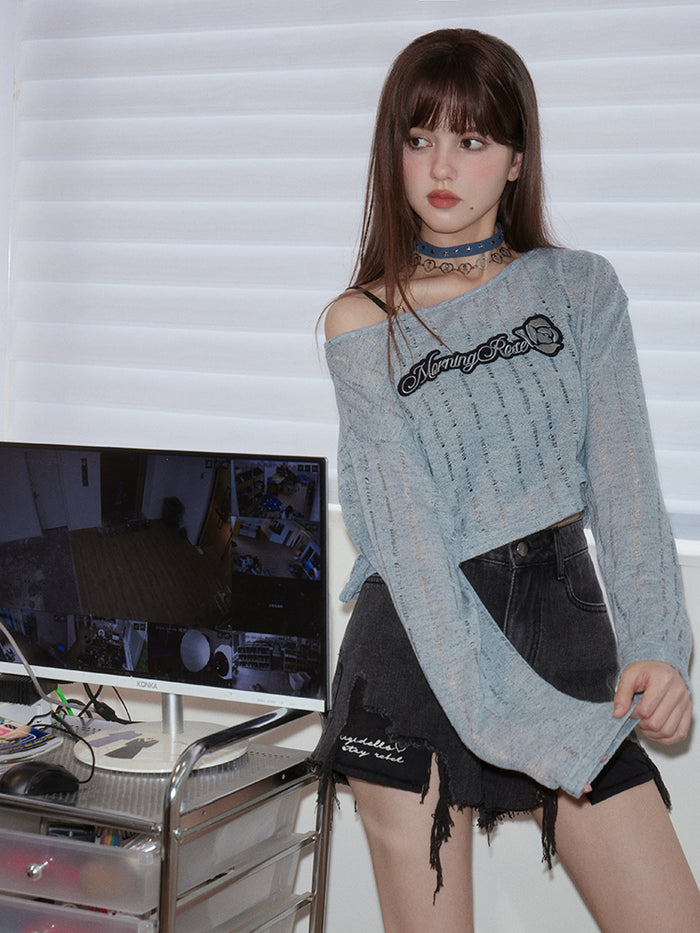 Gray-Blue Hollow-Out Knitted Cover-Up Summer Top
