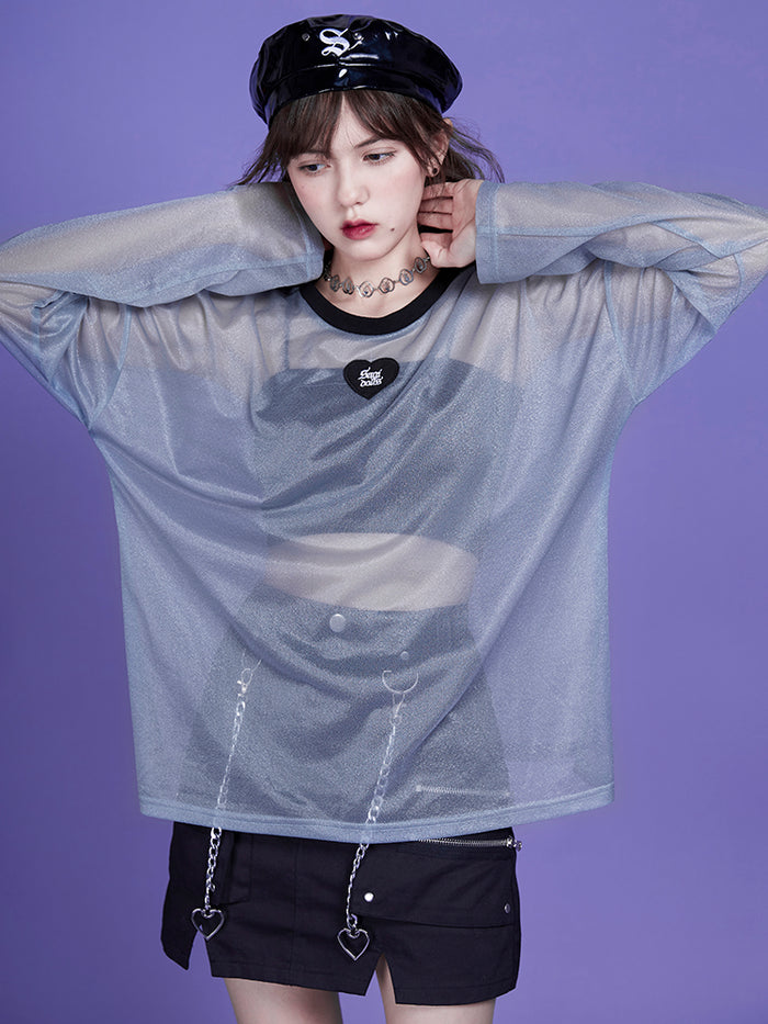 Gray-Blue Mesh T-Shirt Hoodie Style Blouse