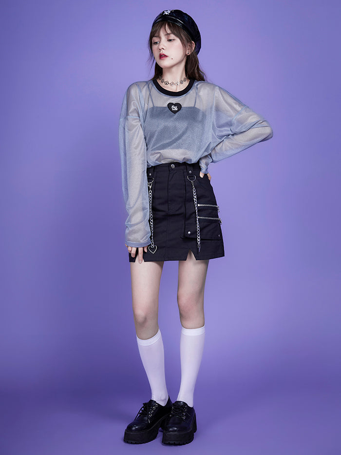 Gray-Blue Mesh T-Shirt Hoodie Style Blouse