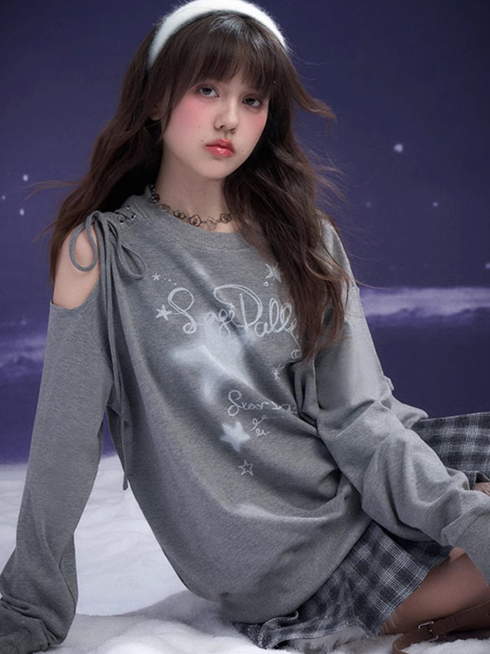 Gray Off-Shoulder Tie Tee