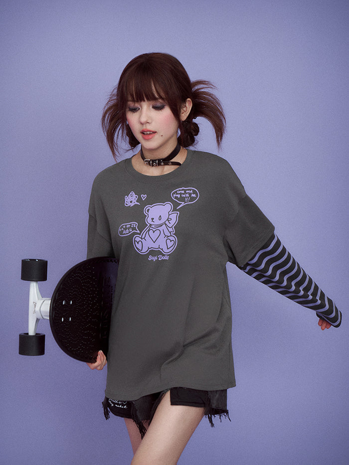 Gray-Purple Super Cute Bear Patchwork Fake Two-Piece Long-Sleeve T-Shirt