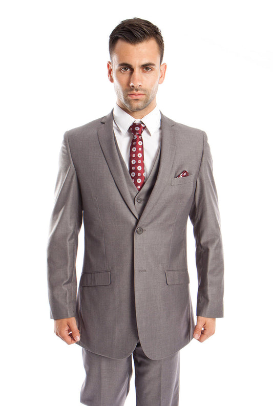 Gray Solid 3-PC Slim Fit Stretch Suits For Men - Giorgio's Menswear