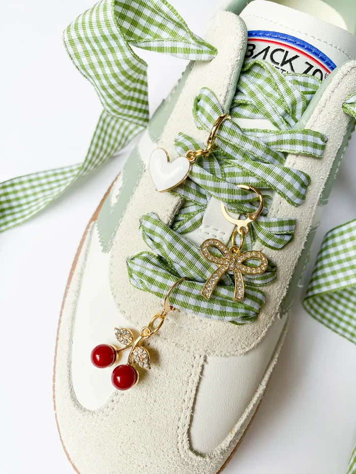 Green Gingham Sneaker Charm Set – Heart, Bow & Cherry Charms