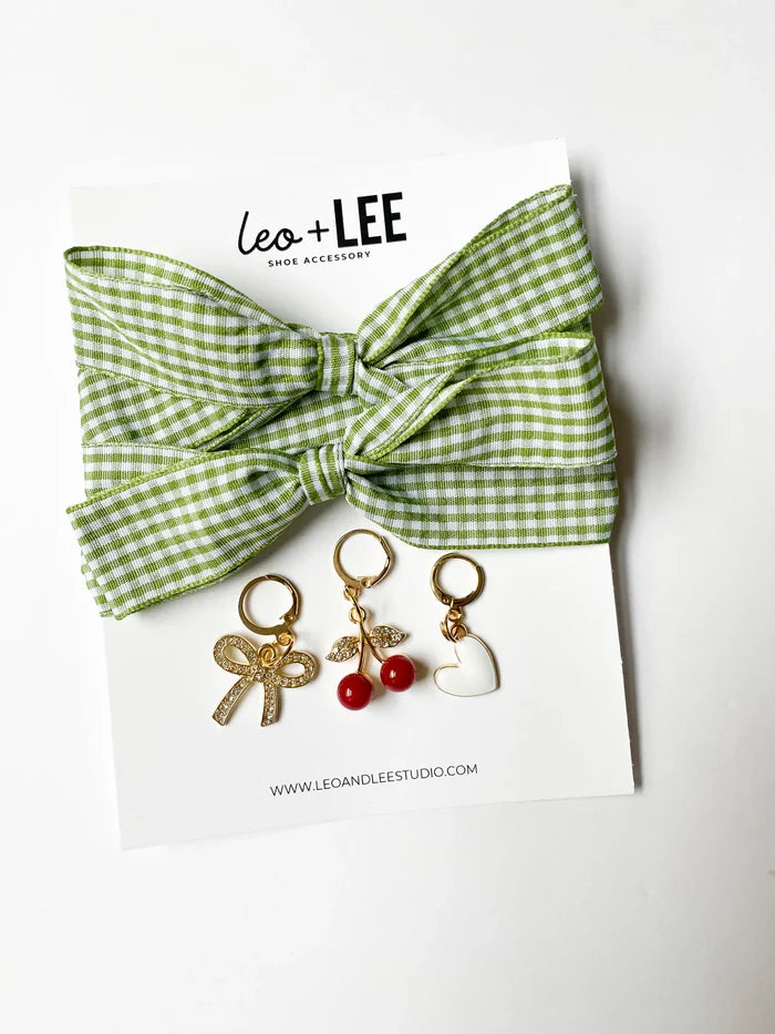 Green Gingham Sneaker Charm Set – Heart, Bow & Cherry Charms