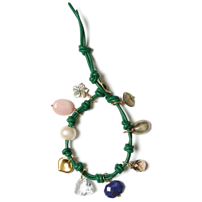 Green Leather Gemstone Charm Bracelet