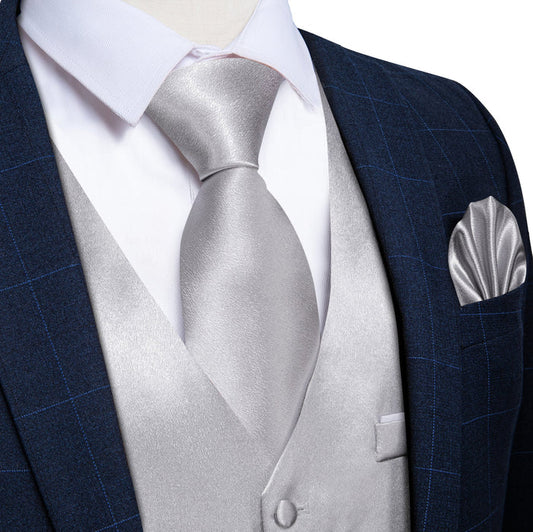 Grey Solid Satin Waistcoat Vest Tie Handkerchief Cufflinks Set- MJ-0636 - SimonVon Shop