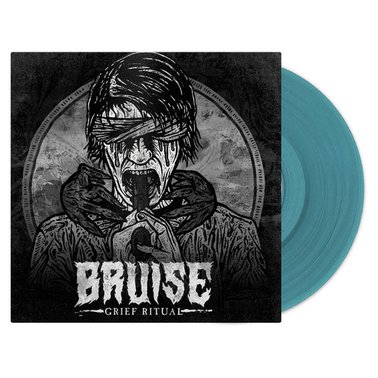 Album cover for Grief Ritual by Bruise shows a monochrome illustration of a blindfolded figure with black tears and outstretched hands, symbolizing struggle. A teal vinyl record, partially visible, contrasts with the dark background. Brand: Bruise.