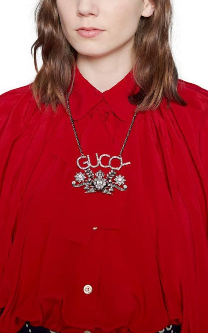 Gucci “GUCCY” Crystal Necklace in Silver - Runway Catalog