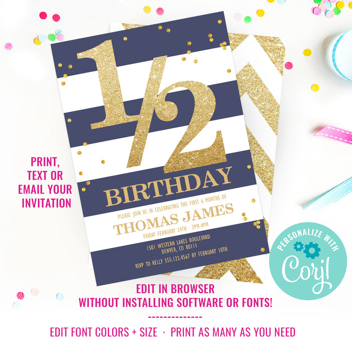 Half Birthday Invitation For a Boy | Blue And White Stripe Invitation