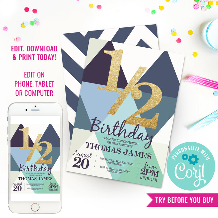 Half Birthday Invitation For a Boy | Gold Glitter Invitation