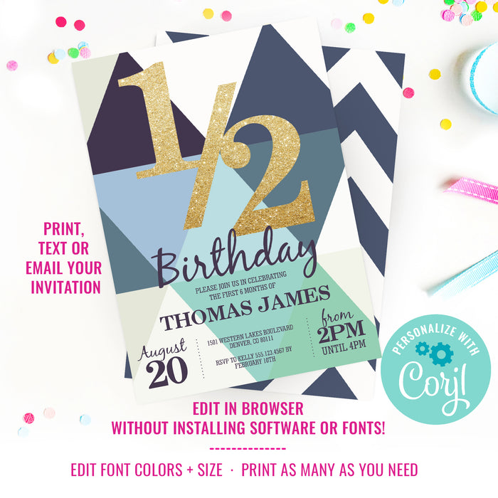 Half Birthday Invitation For a Boy | Gold Glitter Invitation