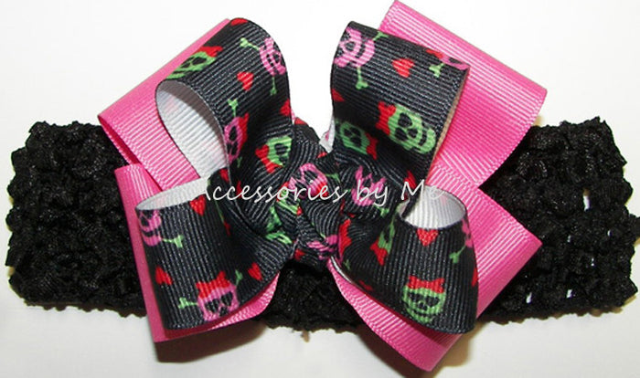 Halloween Black Hot Pink Skulls Bow Socks