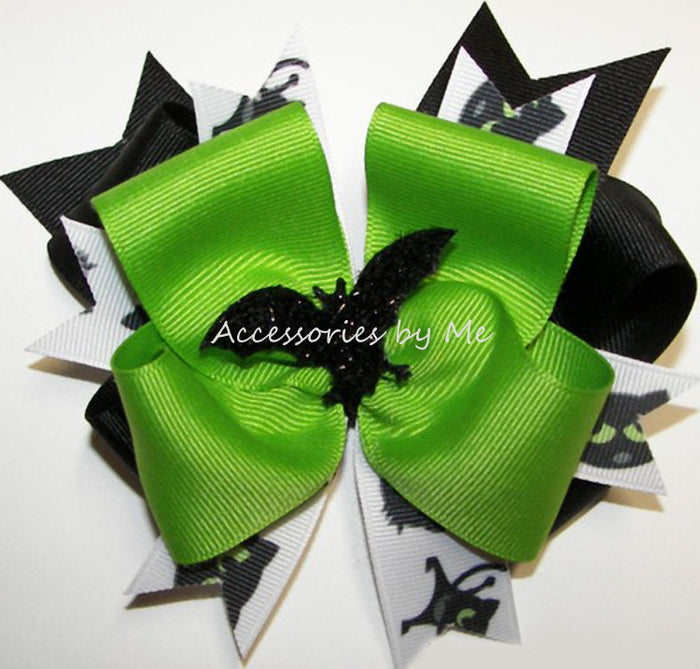 Halloween Black Bat Lime Green Hair Bow