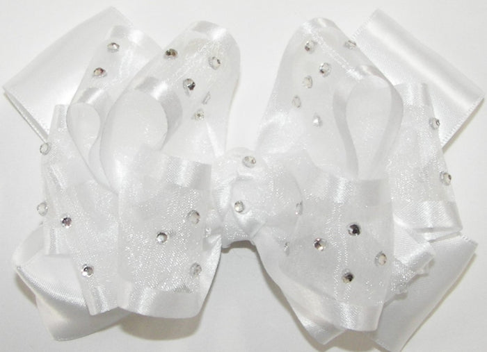 High Glitz Pageant White Organza Satin Hair Bow