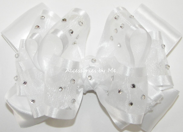 High Glitz White Organza Satin Trim Hair Bow
