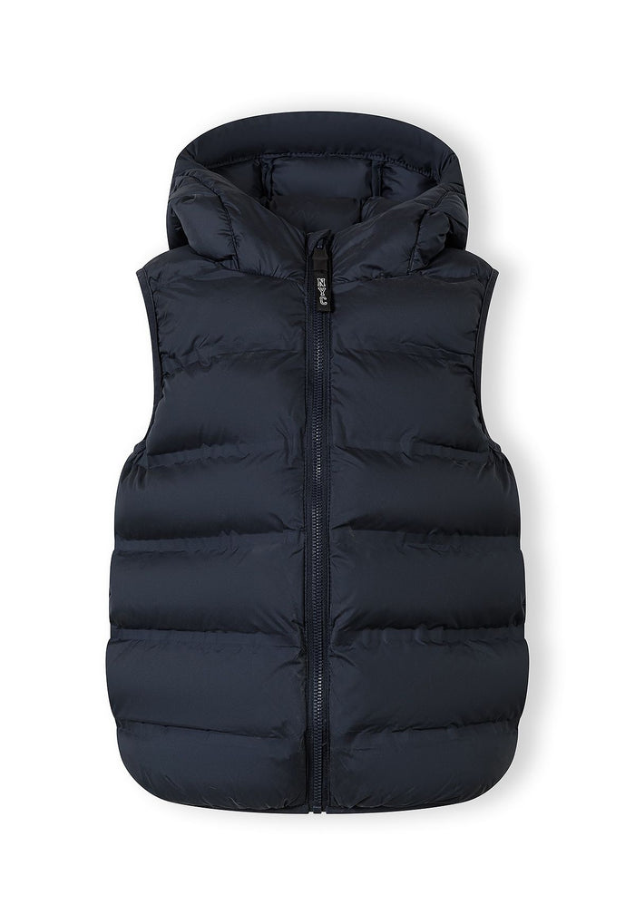 Boys navy blue lightweight gilet with fixed hood, front view, features full-length zip and two side pockets.