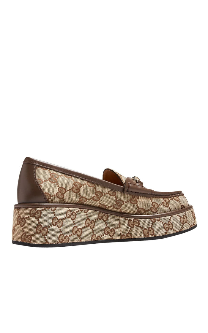 Runway Catalog Gucci Horsebit Wedge Loafers in Beige Ebony GG Canvas with Gold Hardware - Runway Catalog