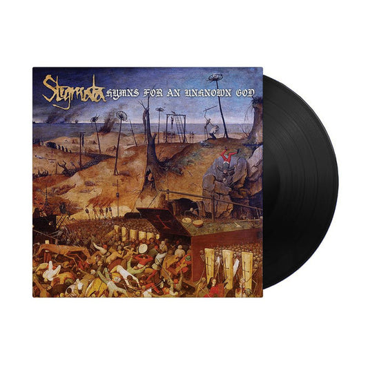 A vinyl record partly out of its sleeve reveals a dark, chaotic medieval landscape on the cover, with the band name Stigmata, album title Hymns for an Unknown God, and Nothing But Enemies displayed at the top.