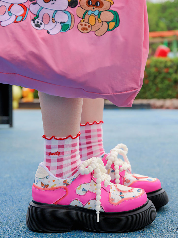 Japanese-style Cartoon Pattern Rose Red Round-Toe Shoes