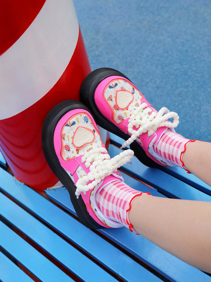 Japanese-style Cartoon Pattern Rose Red Round-Toe Shoes