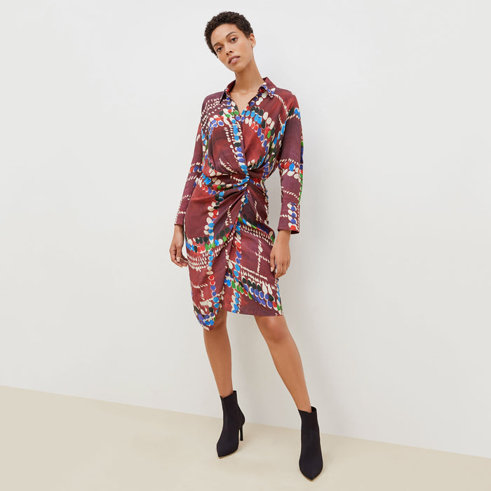 Front image of a woman standing wearing the june dress dash plaid in multicolor | Lead