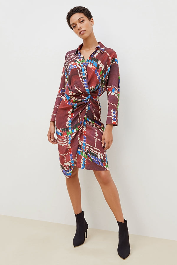 Front image of a woman standing wearing the june dress dash plaid in multicolor | Grid | Exclude